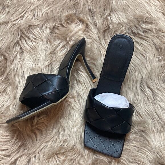 Square Open Toe Leather Mule Woven Slide Stiletto SlipOn Quilted Backless Sandal - Picture 4 of 14